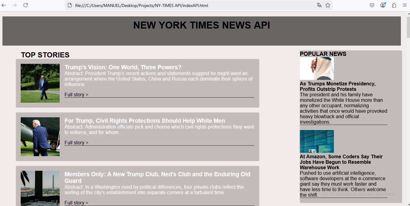 Screenshot of NY Times API project